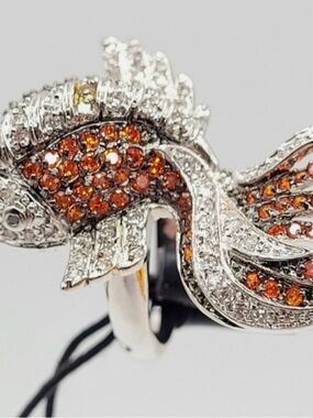 nOir Jewelry Orange Crystal Fish Ring in Silver Tone